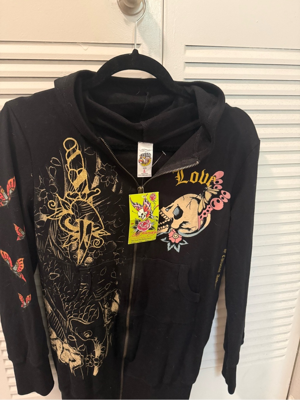 Ed Hardy Black Zip-Up Bomber Jacket with Gold and Pink Graphics